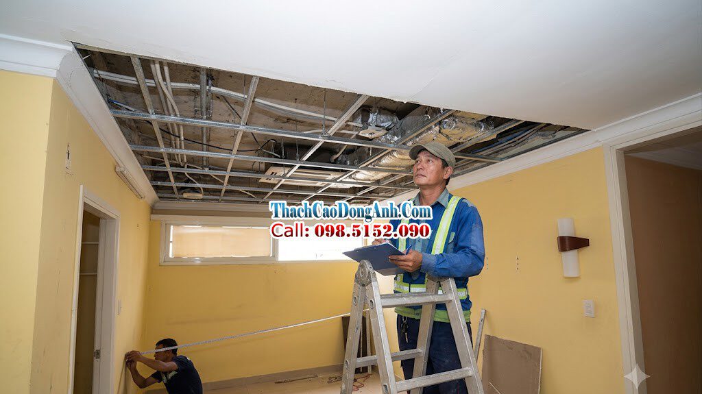 Tháo dỡ tấm trần thạch cao bị võng xử lý khung xương Tháo dỡ tấm trần thạch cao bị võng xử lý khung xương